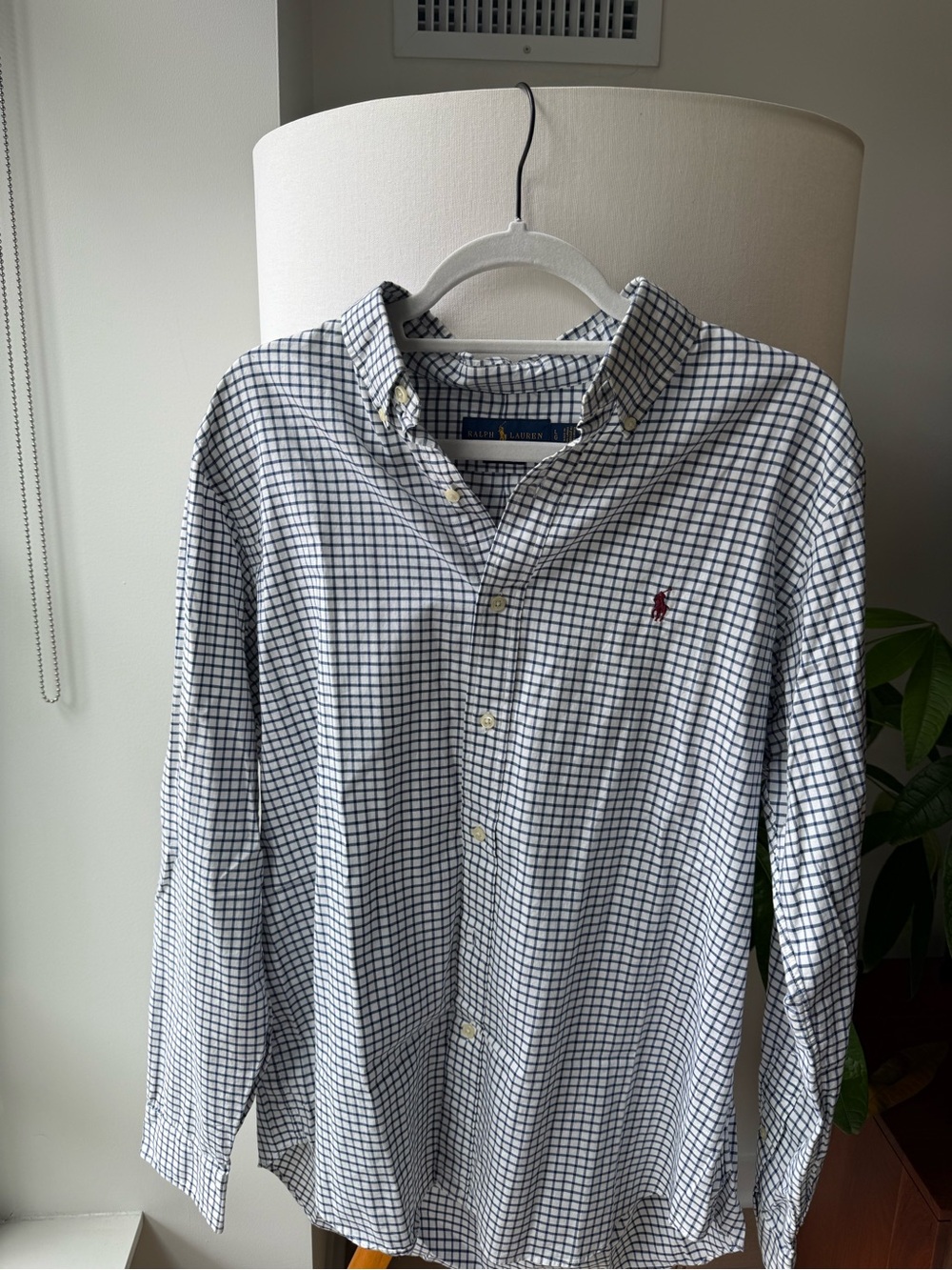 Ralph Lauren White Shirt with Navy Windowpane Check and Red Pony